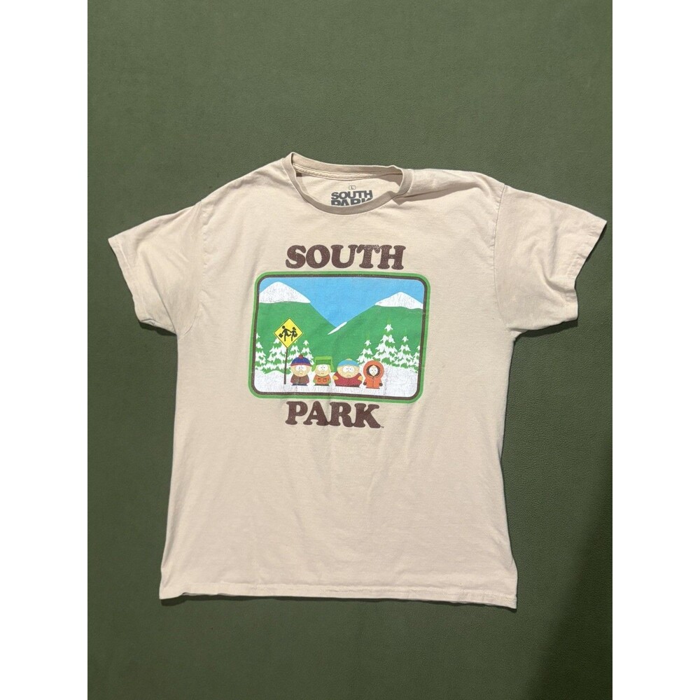 South Park T Shirt Mens L Beige Bus Stop Adult Swim Mens Large Short Sleeve